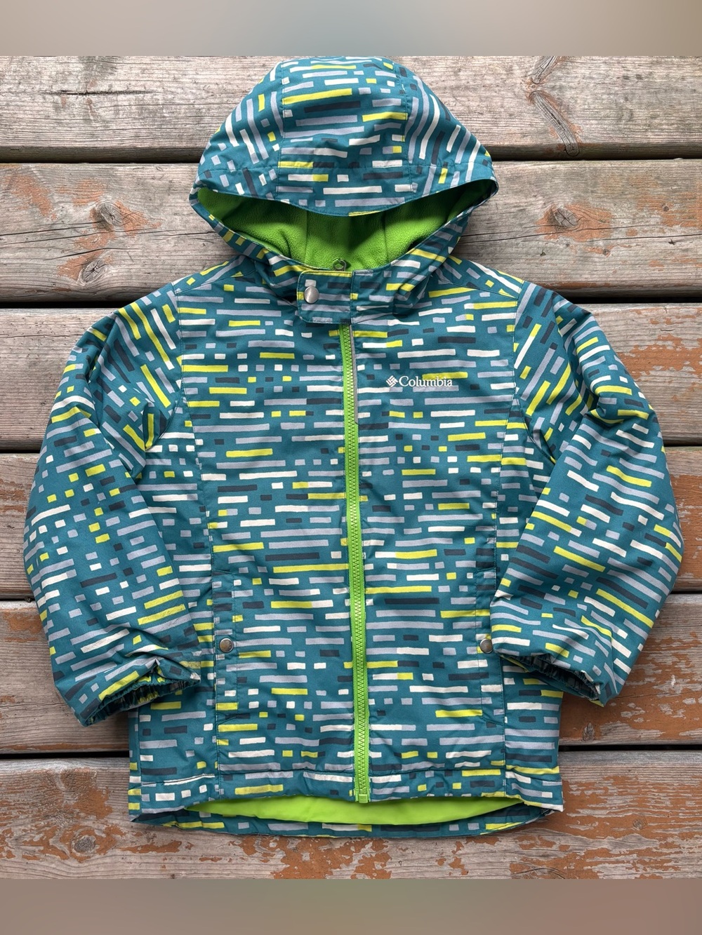 Columbia Green and Yellow Hooded & Full Zip Jacket - Size Youth XS (6-7)